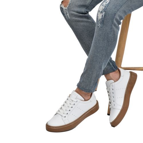 Sneakers Blanc et Marron - Simili Cuir - Design Nubuck - Pour Homme
